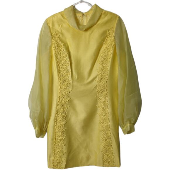 Vintage 60's Yellow Sheath Dress Vest Set Chiffon Sleeves and Vest Lace Detail - Picture 2 of 15